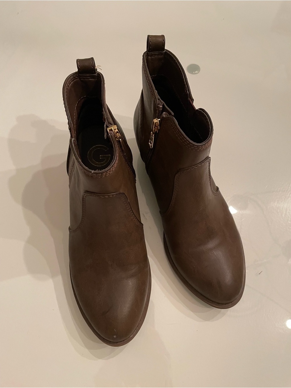 G by Guess Brown Leather Ankle Booties with Side Zip